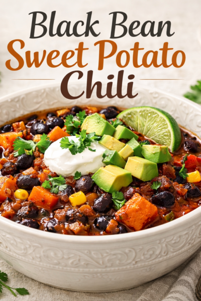 Bowl of sweet potato chili on a neutral background