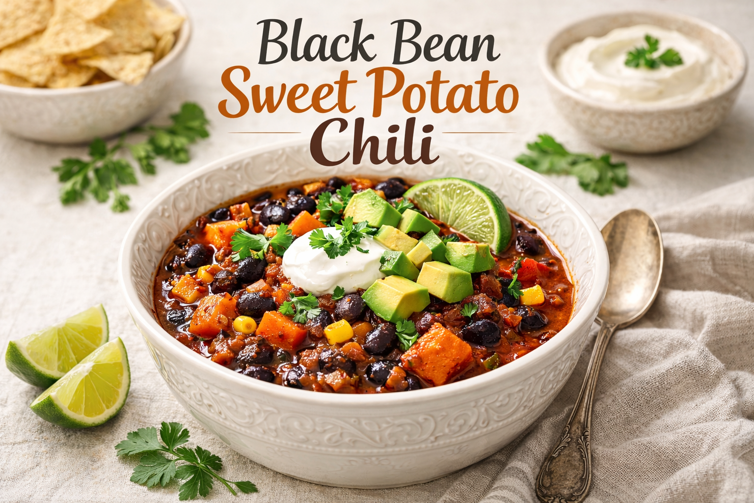 Bowl of sweet potato chili on a neutral background